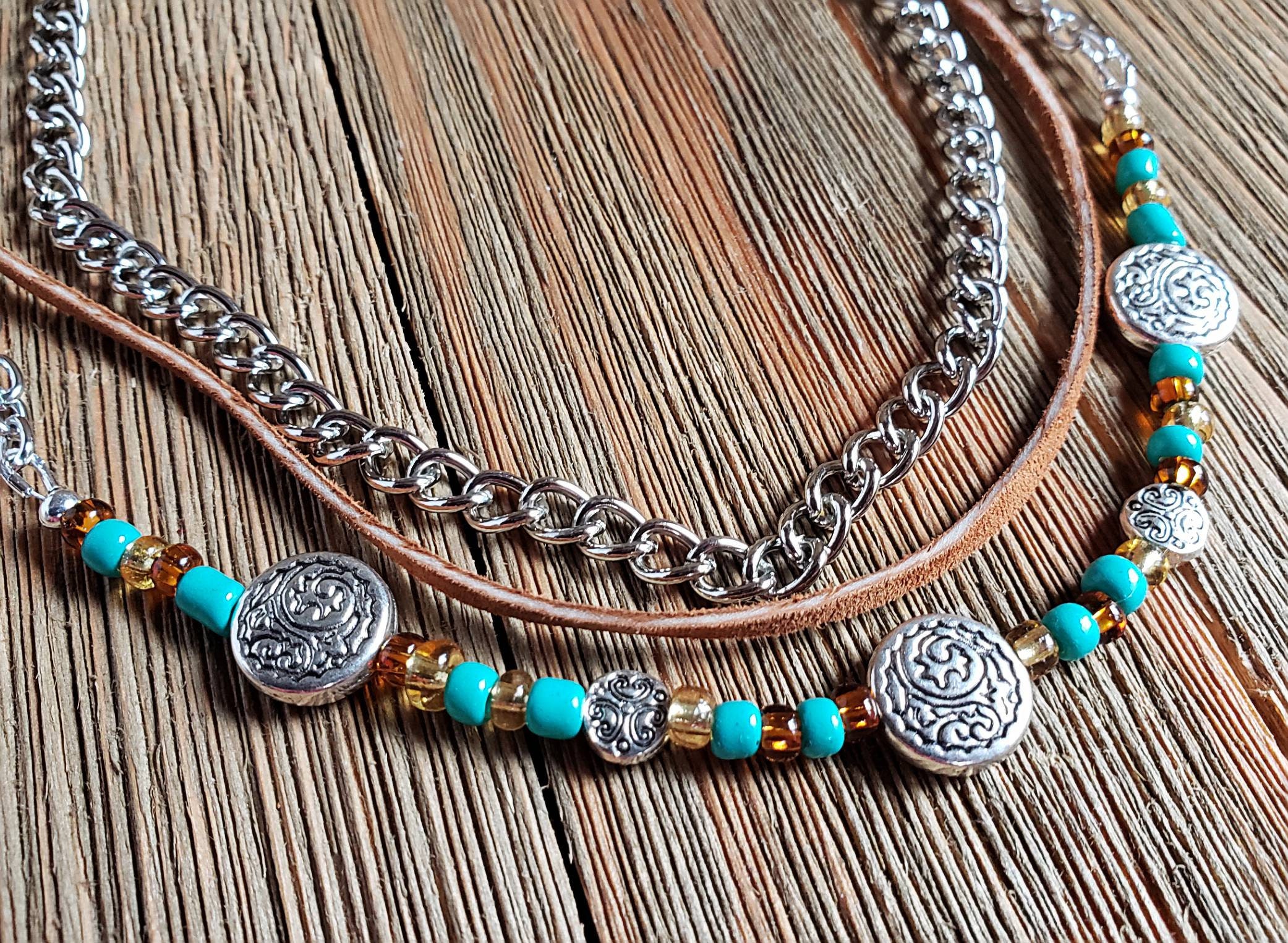Beaded, Chain and Leather Boot Jewelry Silver Concho Multi Strand Boot ...