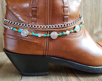 Beaded, chain and leather boot jewelry Silver concho multi strand boot bracelet