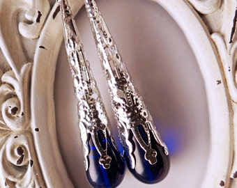 Pendientes Steampunk azul cobalto: Pendientes colgantes góticos de plata
