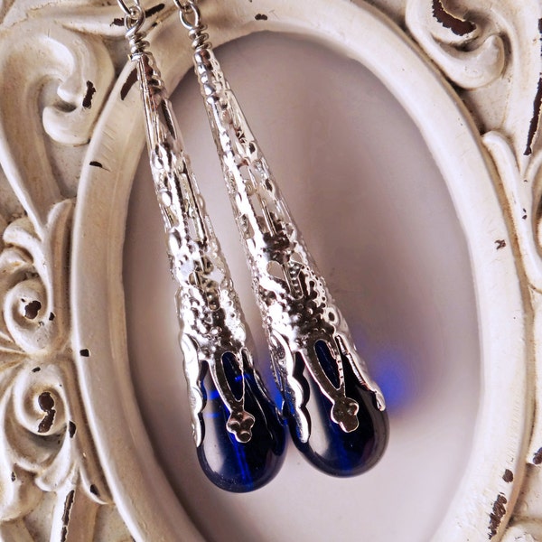 Blue earrings Cobalt blue Victorian Steampunk, Cobalt blue Steampunk earrings, Blue & Silver gothic earrings, Long cobalt blue Steampunk