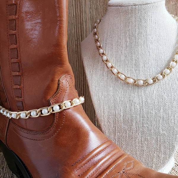 Gold & pearl boot jewelry, Gold and pearl chunky boot chain