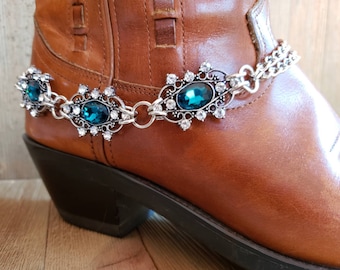 Peacock blue and silver sparkling boot bling Dark teal blue rhinestone boot bracelet