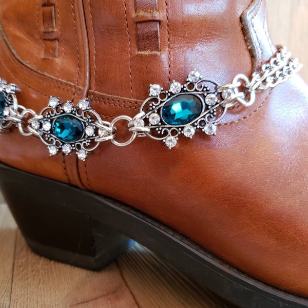Peacock blue and silver sparkling boot bling Dark teal blue rhinestone boot bracelet