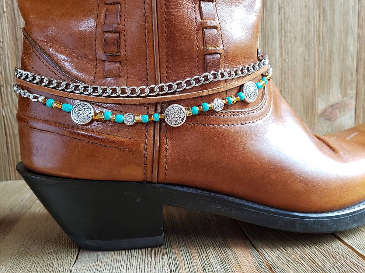 Beaded, Chain and Leather Boot Jewelry Silver Concho Multi Strand Boot ...
