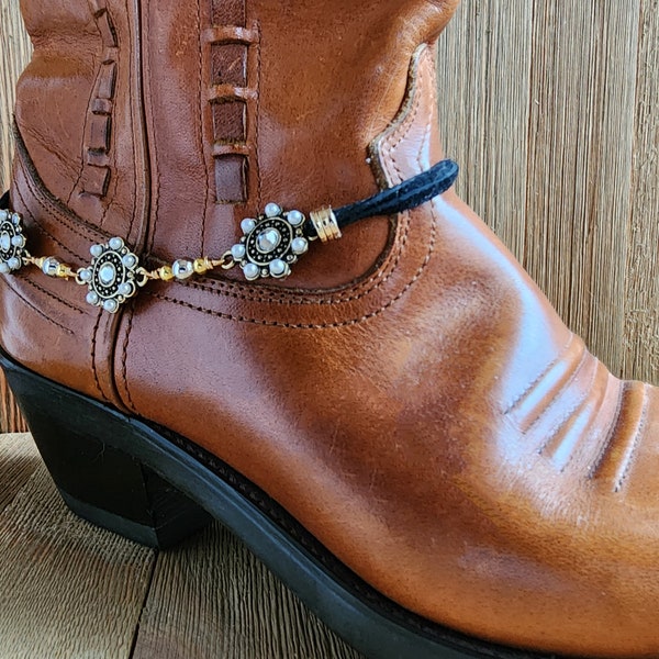 Gold Pearl and black leather boot bracelet, Bohemian boot jewelry, Gothic Boot bling