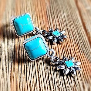 Boho Turquoise Flower Dangle Earrings: Southwestern Faux Magnesite Studs
