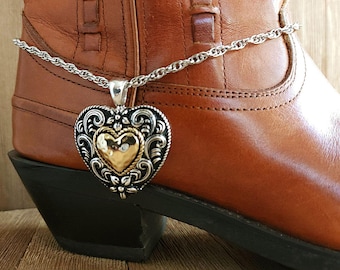 Filigranes Cowboy Boot Armband: Antik Silber Herz Anhänger Boot Bling