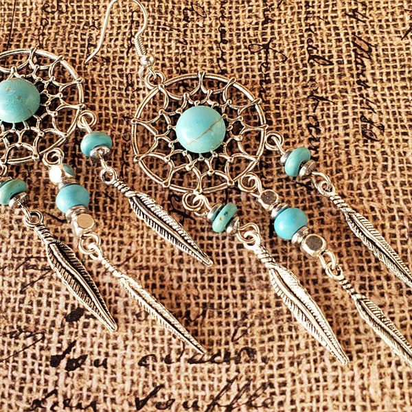 Silver & turquoise long dreamcatcher earrings, Tribal jewelry