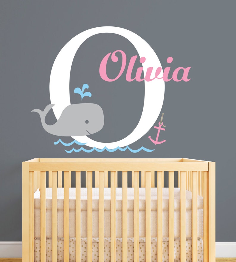 Nursery Vinyl Wall Decal Whale Wall Decal Personalized Nautical Theme Name Wall Decal Baby Girl Room Decor