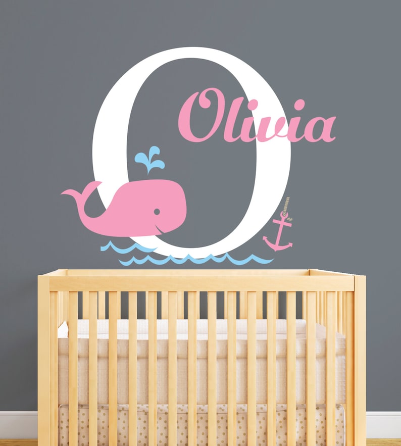 Nursery Vinyl Wall Decal Whale Wall Decal Personalized Nautical Theme Name Wall Decal Baby Girl Room Decor