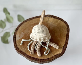 Hochet pieuvre, anneau en bois pour bébé, cadeau de baby shower sur le thème de l'océan
