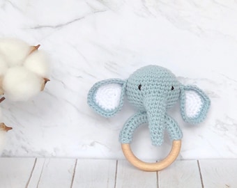 Elephant rattle, Crochet Rattle, Eco-friendly Toy, Christening Gift, Baby Shower Gift, New Mom Gift