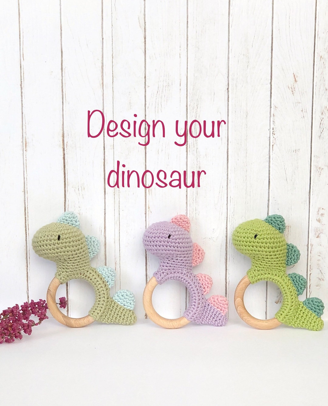 Customizable Dinosaur Rattle, Natural Teether for Infants, Bee Parents ...