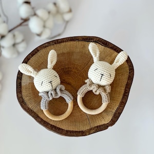 Bunny rattle for baby, twins baptism gift, future mom present
