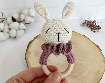 Hochet lapin avec anneau en bois, jouet pour bébé de style scandinave, cadeau pour nouveau-né