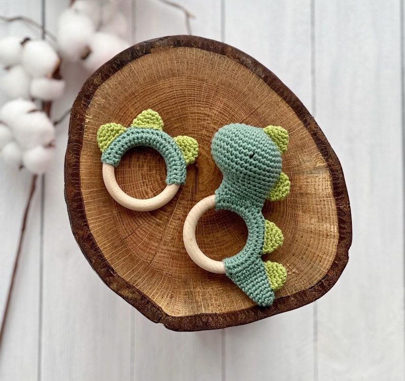 Dinosaur rattle, New Mom Gift, Grasping Toy, Newborn Gift image 1