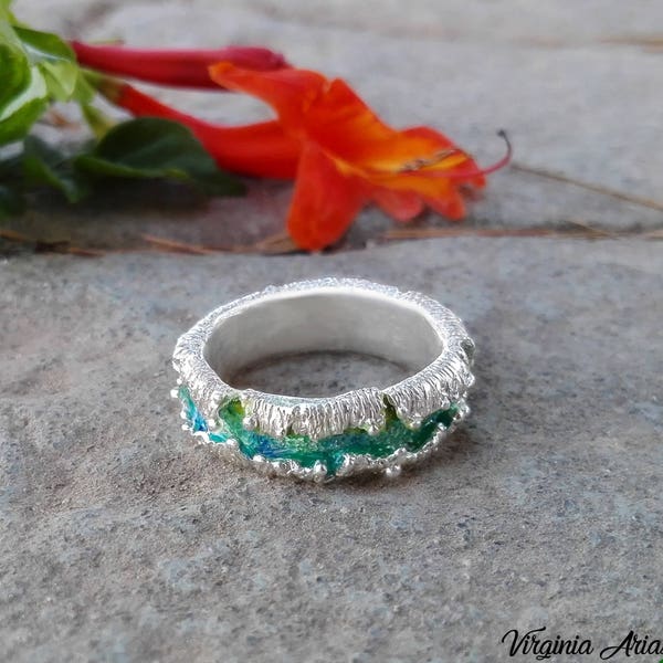 Silver Trail Ring Enamel Jewelry, Green Ring Silver Enamel Jewelry