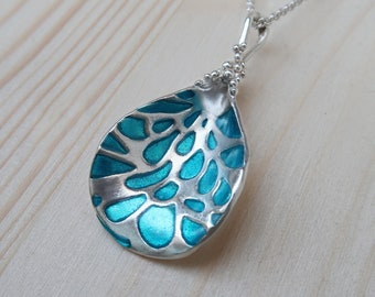 Silver Drop Pendant Turquoise Enamel Necklace