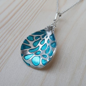 Silver Drop Pendant Turquoise Enamel Necklace image 1