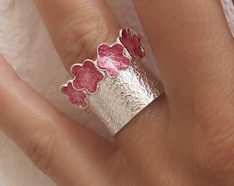 Silver Band Flower ring handmade with enamel, Best Enamel Jewelry for woman, Fashion floral Jewelry for her