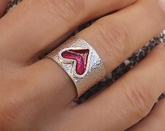 Bague de bande de coeur, bague en argent 925 avec émail, bague faite à la main à large bande, bijoux de cœur, bague en argent moderne