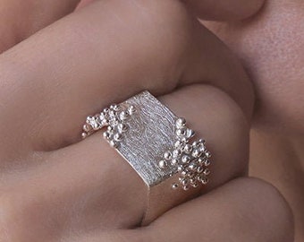 Silver Square Ring, Contemporary Ring Sterling silver with Granulation, Modern brushed ring