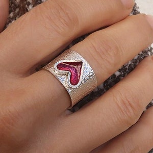 Silver Heart Ring Heart rings for women, Statement signet heart ring Enamel Ring Heart, Modern love ring Silver Chunky ring image 1