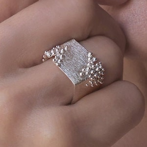 Silver Square Ring, Contemporary Ring Sterling silver with Granulation, Modern brushed ring 925 sterling silver