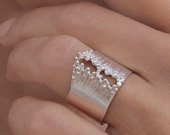 Silver Statement Ring, Arty Contemporary Jewelry design, Wide Silver band  Ring, Fashion 925  Silver Ring for women