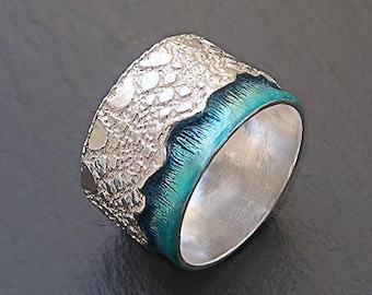 Silver Lace Ring Contemporary, Wide Silver Ring with Enamel, Statement Ring gift for her, Contemporary Jewelry for Women