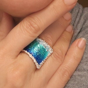 Silver Wave Ring Ocean Jewelry handmade, Blue enamel  and sterling silver ring for women, handmade silver jewelry