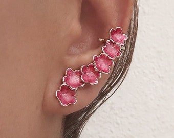 DAYLINLOVE Orecchini A Cuffia Cardinale Rosso In Argento 925 - Gioiello Ipoallergenico Con Fiore, Regalo Per Donna