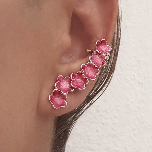 Boucles d'oreilles fleurs grimpeuses faites à la main en émail rose et argent 925, cadeau spécial pour elle, bijoux modernes en argent fin et émaux
