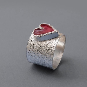 Silver Heart Ring Heart rings for women, Statement signet heart ring Enamel Ring Heart, Modern love ring Silver Chunky ring image 2