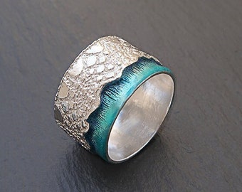 Silver Lace Ring Contemporary, Wide Silver Ring with Enamel, Statement Ring gift for her, Contemporary Jewelry for Women