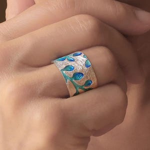 Silver Enamel Band Ring, Blue enamel Jewelry design, Sterling silver  Mothers day Gift