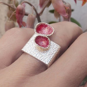 Organic Square ring sterling silver and enamel, Contemporary  desing Jewelry statement ring, 0rganic band ring