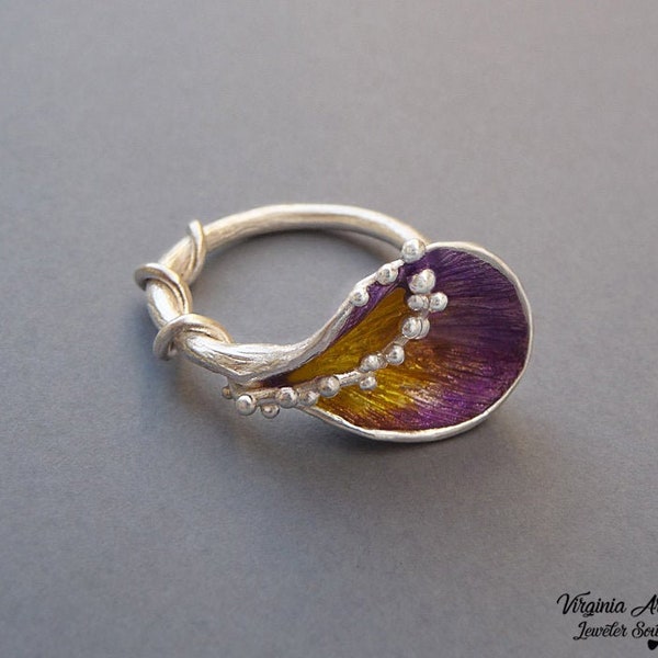 ENAMELED LEAF Ring, Enamel Jewelry and sterling silver  woman Gift