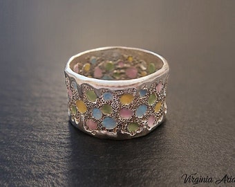 New Sterling Silver Band RING with Spring Colors, Silver Ring for Ladies