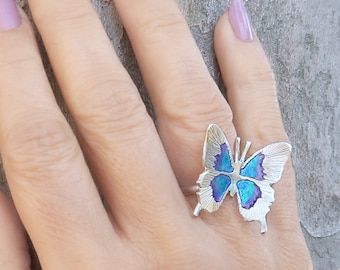 BUTTERFLY RING, Sterling silver and Enamel Ring Women Gift