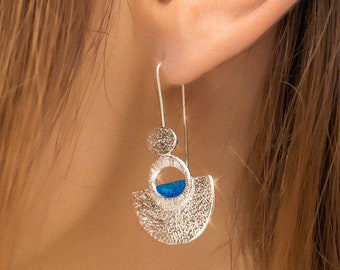 Silver Art Deco Earrings Geometric Silver Earrings, Sterling Silver Dangle Earrings with Blue Enamel, Contemporary Earrings