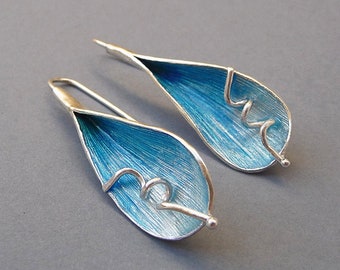 Silver Drop Earrings Contemporary Earrings Blue Enamel Jewelry