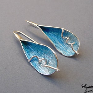 Silver Drop Earrings Contemporary Earrings Blue Enamel Jewelry