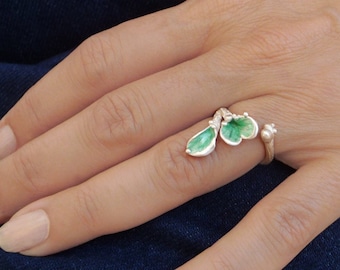 Adjustable Green ring Silver Enamel Jewelry, Open Ring  Sterling Silver Ring Leaf Ring