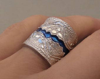 Extra wide silver Lace Ring, Siver band ring Sterling silver jewelry,  Modern Enamel ring