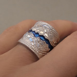 Extra wide silver Lace Ring, Siver band ring Sterling silver jewelry,  Modern Enamel ring