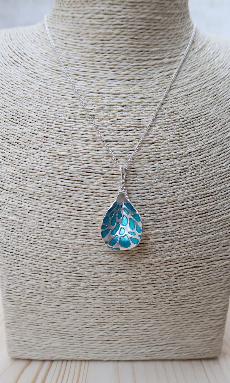 Silver Drop Pendant Turquoise Enamel Necklace image 2