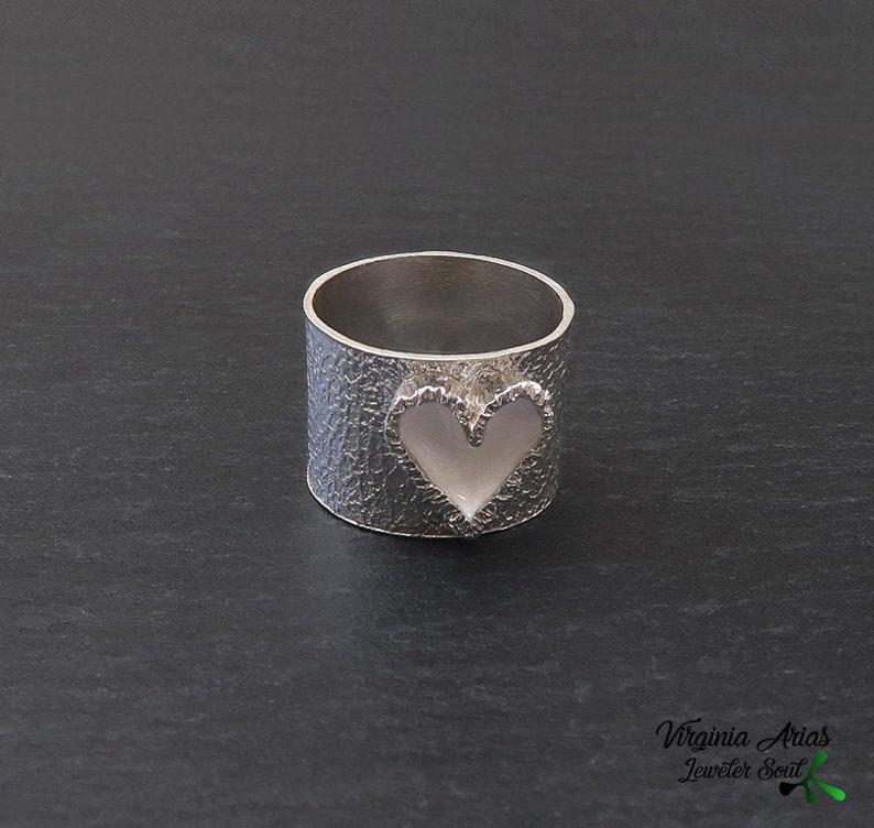Silver Heart Ring Heart rings for women, Statement signet heart ring Enamel Ring Heart, Modern love ring Silver Chunky ring image 4