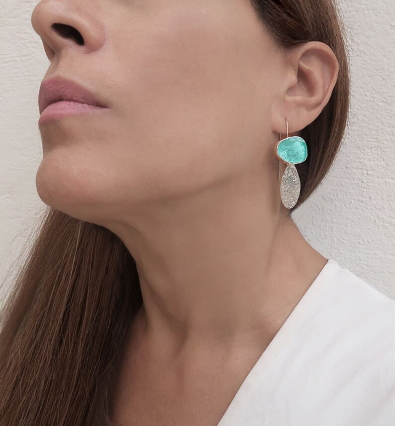 Light Turquoise Enamel Earrings, Long dangle earrings with teardrops, Handmade 925 silver earrings for woman, Unique Gift for women, sterling  silver jewelry by Jewelersoul.