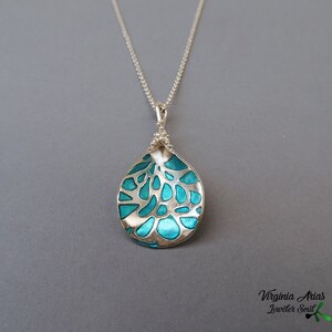 Silver Drop Pendant Turquoise Enamel Necklace image 4